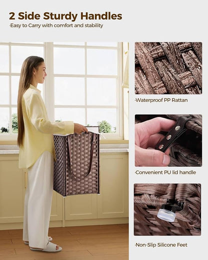 Greenstell Laundry Hamper with Wheels, No Install Needed, 110L Divided Handwoven Hampers & 2 Removable Liner Bags, Rattan Clothes Laundry Basket with Lid & Handles, Foldable Hampers Brown 22x13x26.4In