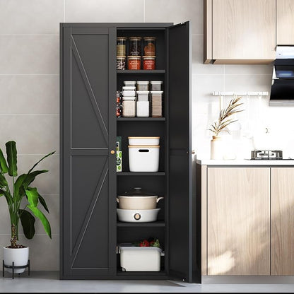 71" Tall Kitchen Pantry Storage Cabinet, Black Metal Storage Cabinets with Doors and Adjustable Shelves,5 Tier Freestanding Kitchen Cupboard for Dining Room Office Bathroom