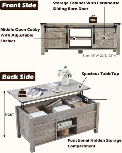 OKD 48" Farmhouse Lift Top Coffee Table with Sliding Barn Door,Rustic Center Table w/Hidden Storage Compartment, Lift Tabletop Dining Table w/Adjustable Shelf for Living Room,Light Rustic Oak