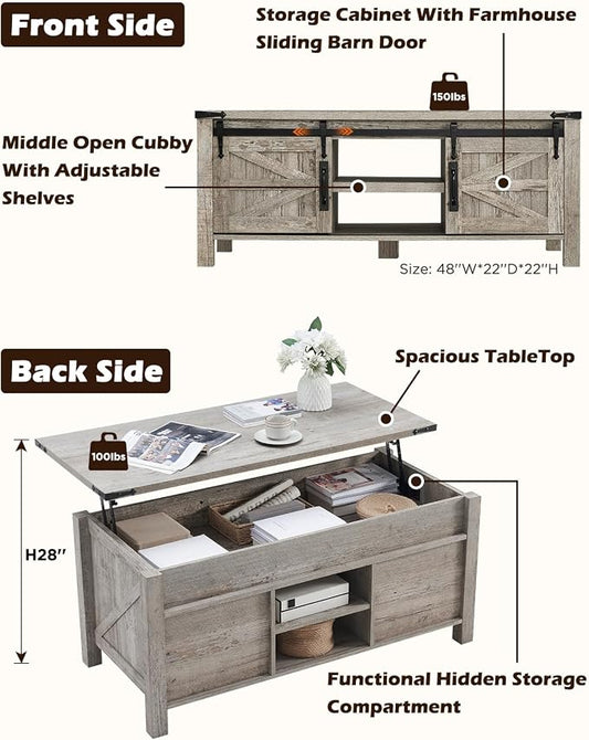 OKD 48" Farmhouse Lift Top Coffee Table with Sliding Barn Door,Rustic Center Table w/Hidden Storage Compartment, Lift Tabletop Dining Table w/Adjustable Shelf for Living Room,Light Rustic Oak