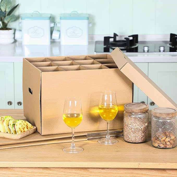 4 Pack Wine Glass Moving Boxes Kitchen Moving Boxes with Handle Kitchen Kit with Lid for Dish Glassware(Brown,15 x 12 x 10 Inches)