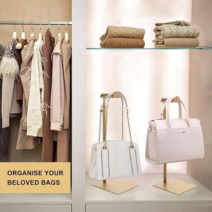Gold Purse Display Stand, 3 Pack Heavy Duty Stainless Steel Handbag Stand, Adjustable High Bag Hanger Stand Bag Display Rack for Closet, Retail Display Stand Hanging Luxury Purses (RCS 50% Recycled Post-consumer Metal)