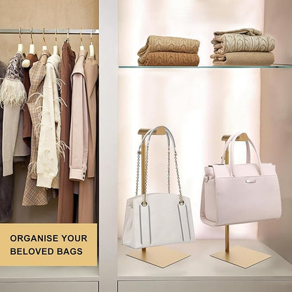 Gold Purse Display Stand, 3 Pack Heavy Duty Stainless Steel Handbag Stand, Adjustable High Bag Hanger Stand Bag Display Rack for Closet, Retail Display Stand Hanging Luxury Purses (RCS 50% Recycled Post-consumer Metal)