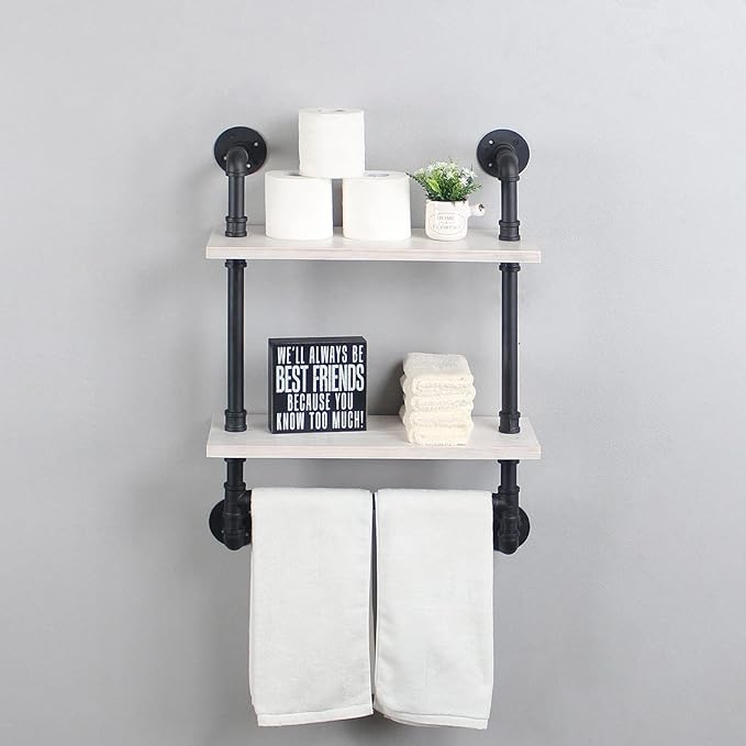 Bathroom Shelves,19.6in Rustic Wood Shelf with Towel Bar,2 Tier Farmhouse Towel Rack Over Toilet,Pipe Shelving Floating Shelves Towel Holder,Black & White