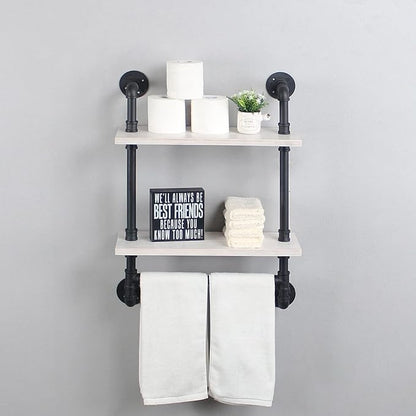 Bathroom Shelves,19.6in Rustic Wood Shelf with Towel Bar,2 Tier Farmhouse Towel Rack Over Toilet,Pipe Shelving Floating Shelves Towel Holder,Black & White