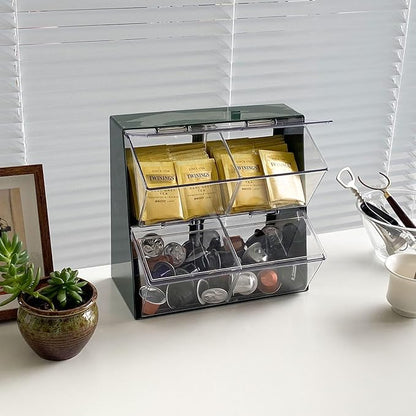 Large Green Coffee Pod Holder with Lid, Plastic Coffee Bar Accessories Storage Organizer for Creamer, K Cups, Tea Bags, Sugar Bag, Drinking Straw, Home Kitchen Supplies(Green)