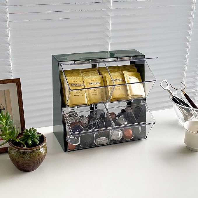 Large Coffee and Tea Organizer with Lid, Plastic Creamer Holder for Coffee Bar, Coffee Accessories Storage Box for K Cups, Coffee Pod, Sugar Bags, Drinking Straw (White)
