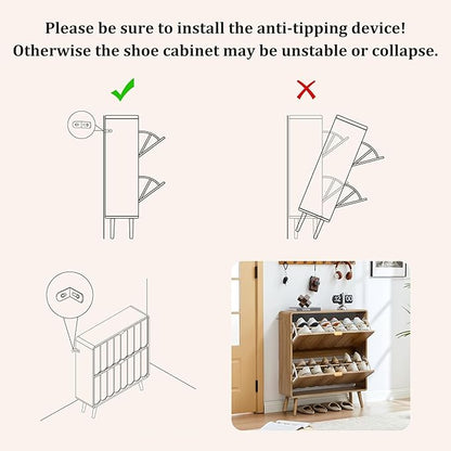 ORRD Shoe Storage Cabinet for Entryway with 2 Flip Drawers Set of 2, Freestanding Narrow Wood Shoe Cabinet with Wave Panel, Hidden Shoe Organizer for Foyer, Hallway (Natural)