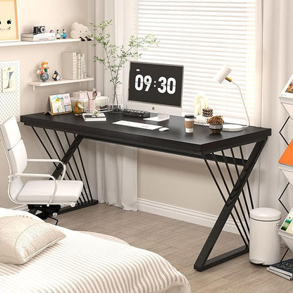 FOLUBAN Black Desk, Modern Wood and Metal Computer Desk for Home Office, Simple Writing Work PC Desks for Bedroom, Industrial Study Gaming Table for Living Room, Black, 53 Inch