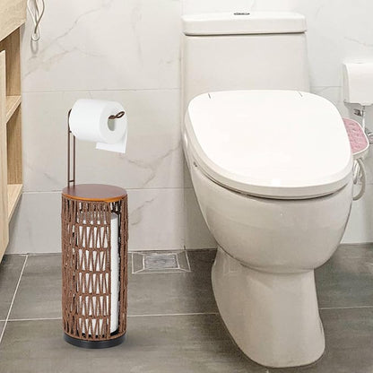 Trongee Freestanding Toilet Paper Holder with Storage,3 Rolls of Rattan Tissue Holder for Bathroom,Woven Toilet Paper Roll Holder Stand,Boho Bathroom Decor Farmhouse Toilet Paper Storage-Deep Brown