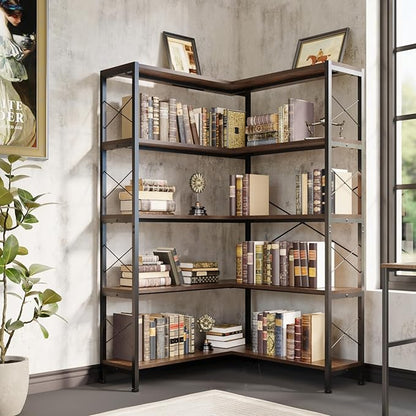 Jartoil Corner Bookshelves and Bookcases Industrial Corner Etagere Bookcase L Shaped Shelf 5-Tiers with Metal Frame for Living Room Home Office