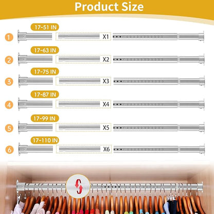 Closet Rod, 17 to 63 Inch Stainless Steel Adjustable Closet Rod,1.3 Inch Diameter Heavy Duty Closet Rods for Hanging Clothes,Silver Closet Poles for Wardrobes
