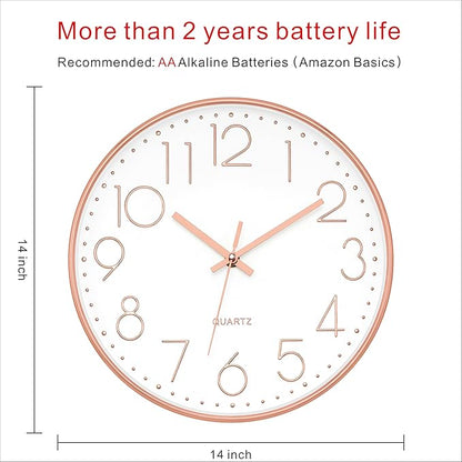 Foxtop 14 Inch Large Silent Non-Ticking Rose Gold Wall Clock Battery Operated Round Quartz Modern Wall Clock Decorative for Living Room Bedroom Kitchen Home Office
