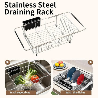 Expandable Over Sink Dish Drying Rack, Rustproof Stainless Steel Dish Drainer with Cutlery Utensil Holder, Quick Drainage Space Saving Kitchen Storage Organizer for Small Apartments RV