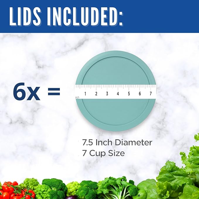 Replacement Lids fits Pyrex 6 & 7-Cup Glass Food Storage Container Bowls, 7.5-Inch Plastic Round Lids Covers for Pyrex 7402-PC, Airtight & Leakproof (6-Pack, Turquoise)