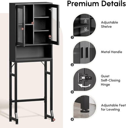 USHOWER Over The Toilet Storage Cabinet, Bathroom Organizers and Storage with Tempered Glass Doors, Thicken Metal Stand & MDF Wood Above Toilet Storage Cabinet, Freestanding Space Saver, Black