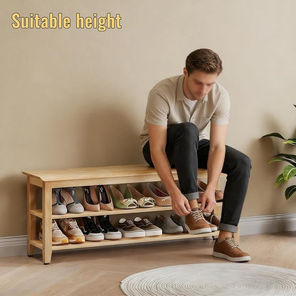 Wood Shoe Bench for Entryway,Bench with Shoe Rack,Storage Shoe Organizer for Hallway,Living Room,Bedroom (Natural, 47.24''W×11.81‘’D×17.71‘’H)