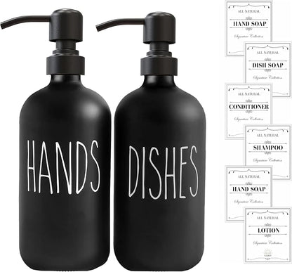 Sunrise Premium 16 OZ Thick Black Glass Soap Dispenser, Matte Black Stainless Steel Pump 2 Pack, Hand and Dish Soap Dispenser Set for Bathroom with 6 Waterproof Labels