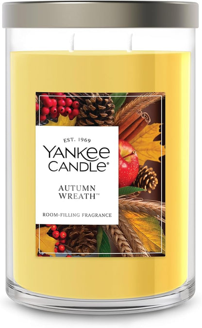 Yankee Candle Large Tumbler Scented Candle with up to 80 Hour Burn Time, Premium Plant Wax Blend for Consistent Burn, 20 oz Tumbler Candle with Room Filling Fragrance, Autumn Wreath