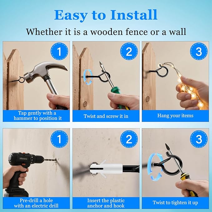 6 Pack Black Screw Hooks with Safety Buckle - 2.3 Inch Rustproof Eye Ceiling Hooks for Hanging Plants,Outdoor String Lights,Baskets,Christmas Lights & Decor,40lb Capacity (6, Black)
