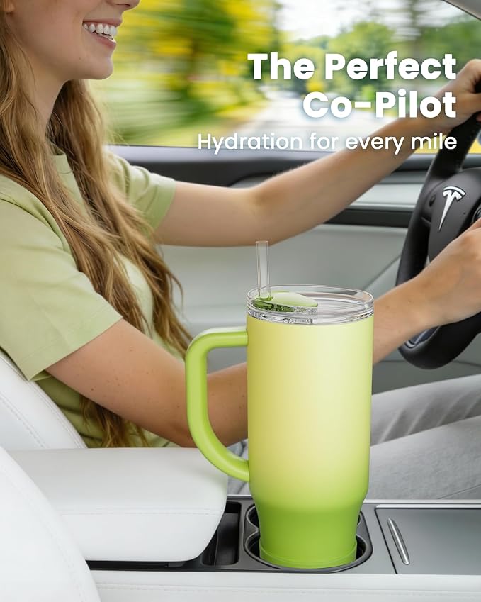 Tumbler with Handle 100% Spill Resistant Insulated Water Bottle for Iced Coffee & Hot Drinks - Fits Car Cup Holder, Ideal Gift, 2 Straws & Silicone Boot BPA-Free - FlexSlide Green Gradient 32 oz