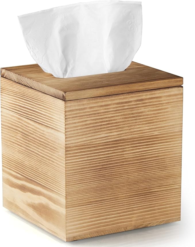 Dreamkey Square Burnt Wood Tissue Box Cover, Rustic Solid Wood Tissue Box Holder with Removable Top Lid for Bathroom, Bedroom, Living Room, Office, Brown