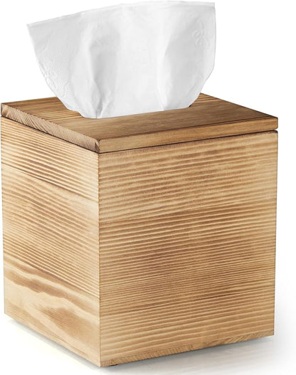 Dreamkey Square Burnt Wood Tissue Box Cover, Rustic Solid Wood Tissue Box Holder with Removable Top Lid for Bathroom, Bedroom, Living Room, Office, Brown