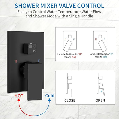 Shower Faucet Set Rainfall Shower System with Square Showerhead and Handle Set Fixture with 2 in 1 Function Handheld Sprayer Wall Mounted Trim Repair Kit Rough-in Valve 8 Inch Matte Black