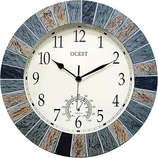 OCEST 13 Inch Large Outdoor Indoor Clock, Waterproof Wall Clock with Thermometer, Weather-Resistant Non-Ticking Battery Operated Decor for Patio, Pool, Lanai, Fence, Porch, Garden（Brown）