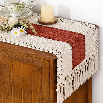 Socomi Boho Table Runner Macrame Valentine's Day Farmhouse Woven Cotton Linen Rustic Table Runner with Tassels for Dresser Scarf Home Decor Dining Room 12x90 inch Terracotta Ivory