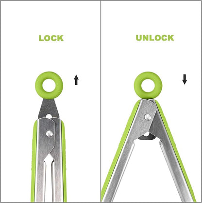 Premium 304 Stainless Steel Tongs Set – 12" Grill Tongs & 9" Cooking Tongs, Heat Resistant up to 600°F, Wavy Grip Head, Non‑Slip Handle with Locking Clip & Hanging Loop, Dishwasher Safe, Green