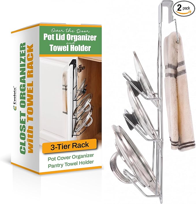 Evelots 2-in-1 Pot Lid Organizer with Towel Holder - 2 Pack, 3-Tier Cabinet Door Rack - Space-Saving Kitchen Organizer for Glass or Metal Pan Lids & Towels - Over the Door Design - Chrome