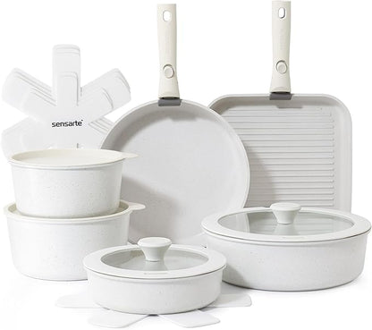 SENSARTE 17 Piece Pots and Pans Set, Nonstick Detachable Handle Cookware Set, Induction Kitchen Cookware Set with Removable Handle, Healthy Non Stick for RV, Dishwasher ＆ Oven Safe, PFOA Free (White)