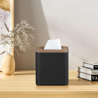 Cretkhp Tissue Box Cover Square, Modern PU Leather Tissue Holder with Magnetic Closure for Bathroom NightStands, Decorative Square Tissue Box Holder (Black)