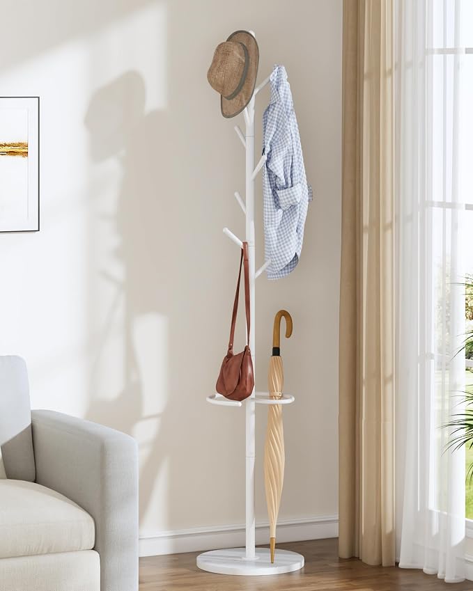 CHOEZON Coat Rack Freestanding, Coat Rack with Umbrella Holder, Coat Hanger Stand with 8 Hooks, Coat Tree with Marble Base, 3 Adjustable Size, for Entryway, Living Room, Bedroom Marble White TYM09WD