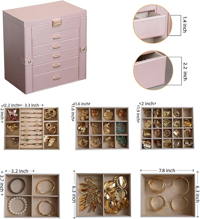 BOOVO Jewelry Box For women, 6 Layer Large Jewelry Organizer With Mirror, Multi-Function Storage Box With Lock, Necklace Holder With 5 Drawers, For Earrings Necklace Bracelet (Rose Gold and Gold)