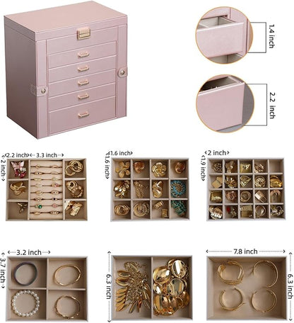 BOOVO Jewelry Box For women, 6 Layer Large Jewelry Organizer With Mirror, Multi-Function Storage Box With Lock, Necklace Holder With 5 Drawers, For Earrings Necklace Bracelet (Rose Gold and Gold)
