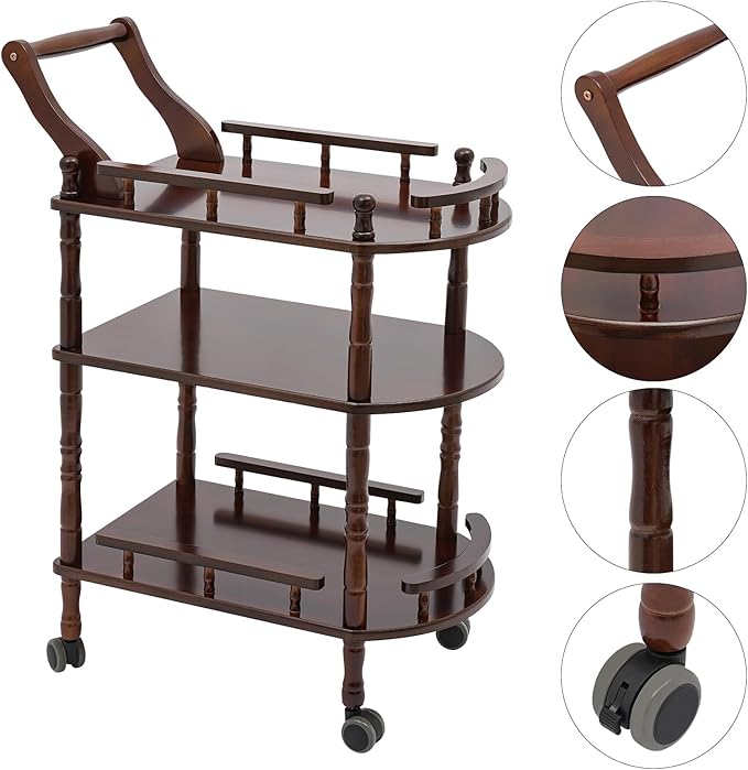 3 Tier Rolling Bar Cart, Home Bar Serving Cart, Brown Wood Mobile Bar Cart Serving Cart with Practical Handle, Multifunctional Utility Cart, for Hotels, Living Rooms, Offices, Kitchens