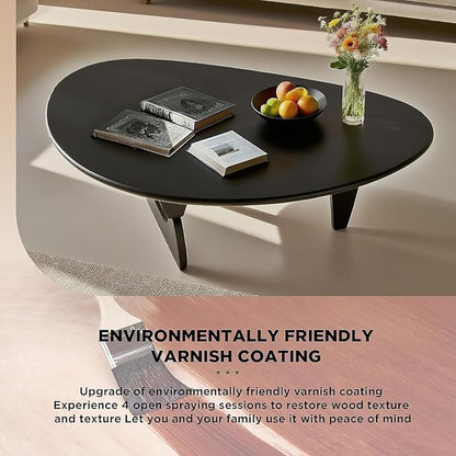 Solid Wood Triangle Coffee Table,Unique Mid Century Modern Oval Coffee Table,Irregular Geometric Tea Tables for Home Living Room with Wooden Tabletop and Reinforced Legs Black 43" L x 31" W x 16" H