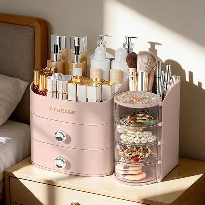 XIAPIA Makeup Organizer Countertop, Make Up Organizer for Vanity, Skincare & Cosmetic Organizers with Drawers, Bathroom Organizers Storage for Brush Holder|Lipstick|Jewelry, Ideal Gift for Women PINK