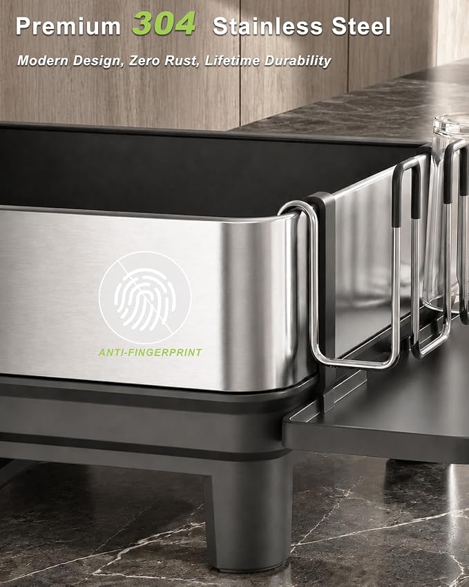 Dish Drying Rack, 304 Stainless Steel Dish Rack and Drainboard Set, Rustproof Dish Drainer with Anti-Pooling Automatic Drainage, Large Capacity Kitchen Counter Organizer, Black