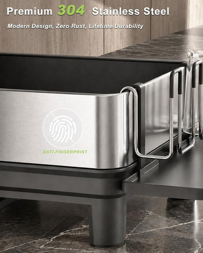 Dish Drying Rack, 304 Stainless Steel Dish Rack and Drainboard Set, Rustproof Dish Drainer with Anti-Pooling Automatic Drainage, Large Capacity Kitchen Counter Organizer, Black