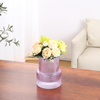 Ribbed Glass Vase, Flower Vase, Fluted Purple Vases for Flowers, Modern Vases for Living Room, Dining Table, Entryway, Shelf, Wedding, Office, Coffee Table, Birthday, 7.5 Inches