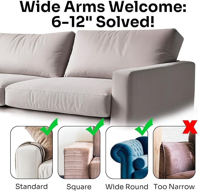 Silicone Couch Caddy for Wide Arms (6-12") with Cup Holder & Deep Sofa Remote Pockets - Anti-Slip Couch Arm Tray Table for Drinks, Phone, Snacks - Living Room Organizer (Gray)