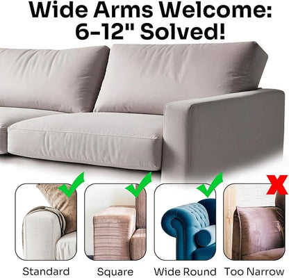 Silicone Couch Caddy for Wide Arms (6-12") with Cup Holder & Deep Sofa Remote Pockets - Anti-Slip Couch Arm Tray Table for Drinks, Phone, Snacks - Living Room Organizer (Gray)