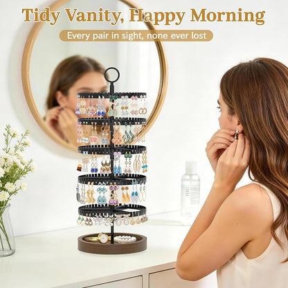 MODOWEY 5 Tier Rotating Earring Holder Organizer Display Tree with Wooden Tray, Adjustable Plastic Stand with 285 Slots for Stud Hoop Hanger, Large Capacity Storage Rack for Women Space Saving, Black
