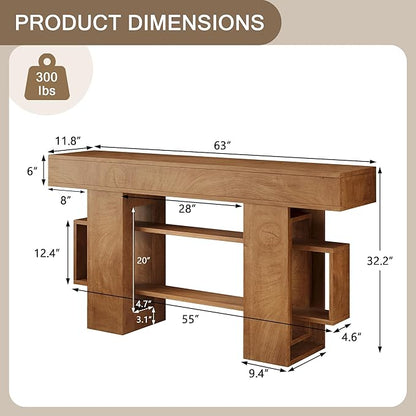 63 Inch Long Console Table for Entryway, Farmhouse Wooden Sofa Table Behind Couch with 3-Tier Storage Shelf, Narrow Entry Accent Table for Living Room, Hallway, Foyer, Oak