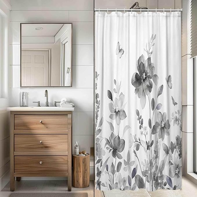 Grey Floral Shower Curtain, Grey Lavender Floral Butterfly Boho Shower Curtains for Bathroom, Farmhous Flower Cute Fabric Shower Curtain Set with 12PCS Hooks, 36X70IN