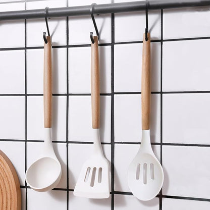 IOCBYHZ Silicone Kitchen Utensils Set of 5, Cooking Utensil Set with Heat Resistant Wooden Handle Non-Stick Silicone Spatula Spoon Turner Ladle, BPA FREE Cooking Kitchen Gadgets for Cookware & Baking