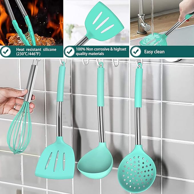 Silicone Cooking Utensil Set, Umite Chef 15pcs Silicone Cooking Kitchen Utensils Set, Non-stick - Best Kitchen Cookware with Stainless Steel Handle - Green